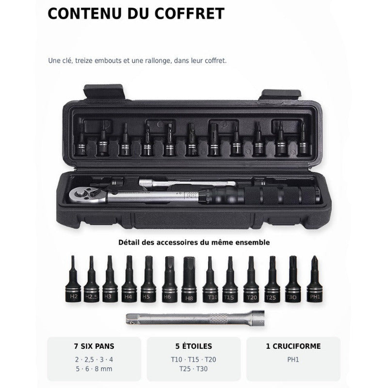 Clé dynamométrique vélo 1/4" 2–20 N·m kit carbone
