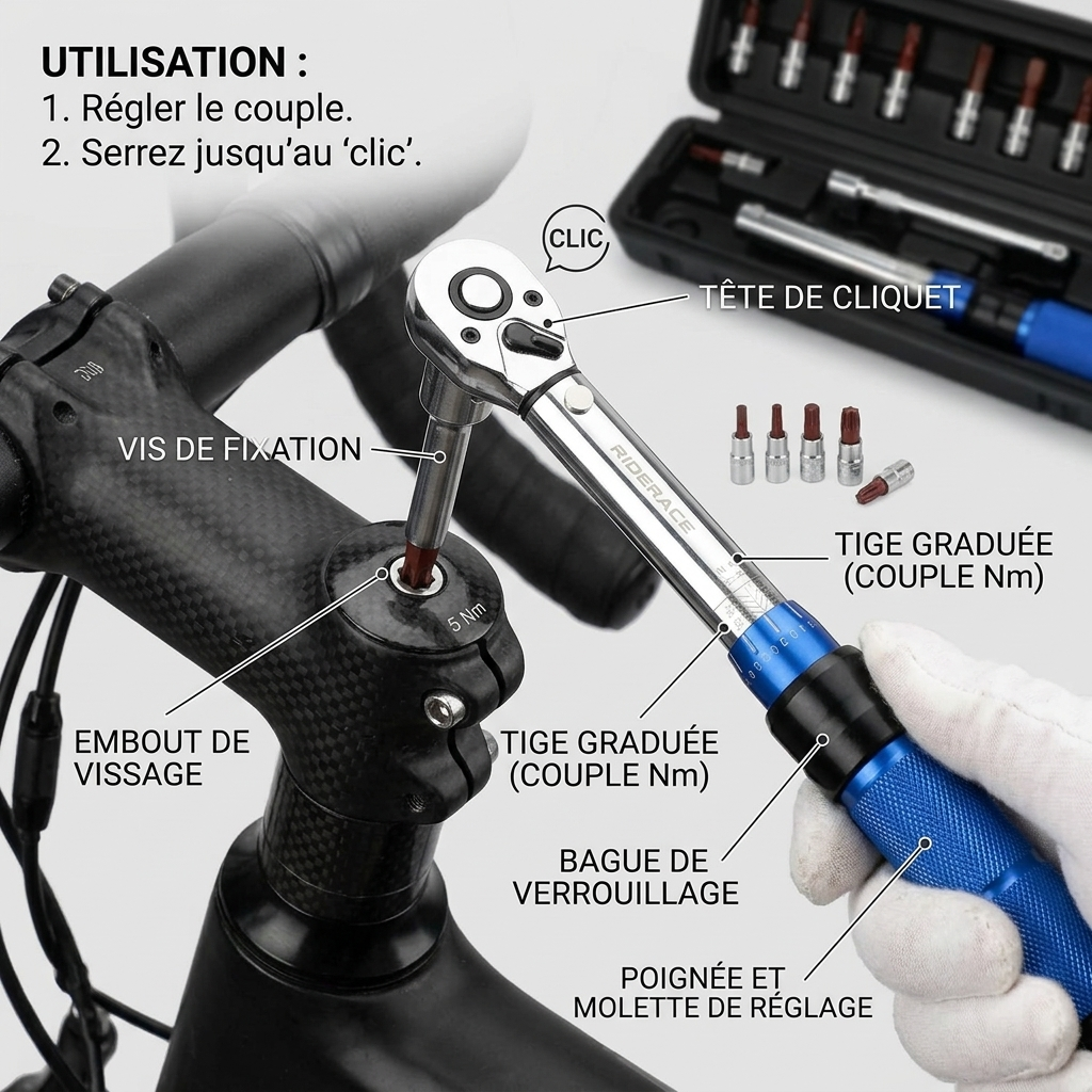 Clé Dynamométrique 1/4" Kit Spécial Vélo & Carbone — serrage de potence vélo (5 Nm)