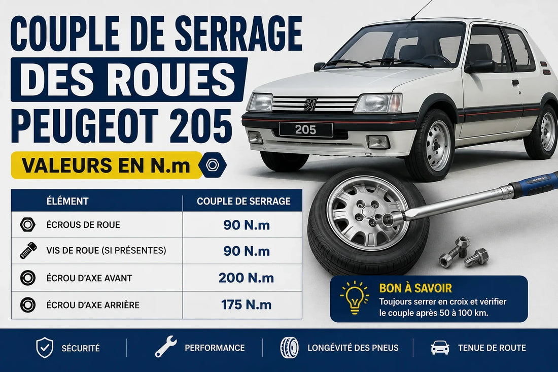 Couple de serrage des roues Peugeot 205 : valeurs en N.m