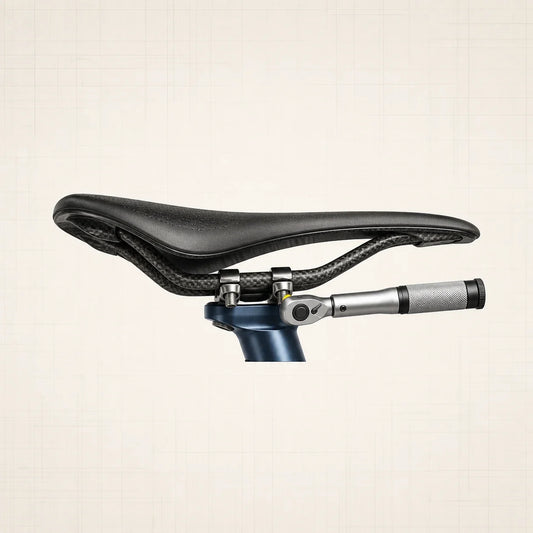 Selle de vélo à rails carbone avec clé dynamométrique engagée sur une vis du chariot