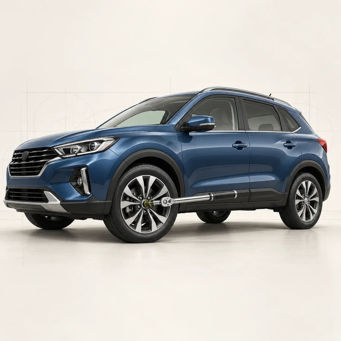 SUV bleu avec une clé dynamométrique engagée sur une fixation de roue avant