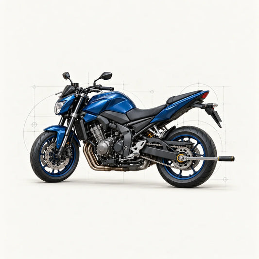 Moto roadster bleue avec une clé dynamométrique engagée sur l’écrou d’axe arrière