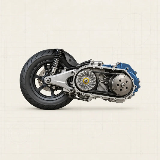 Roue arrière de scooter avec transmission à variateur ouverte, poulies, courroie et carter en aluminium