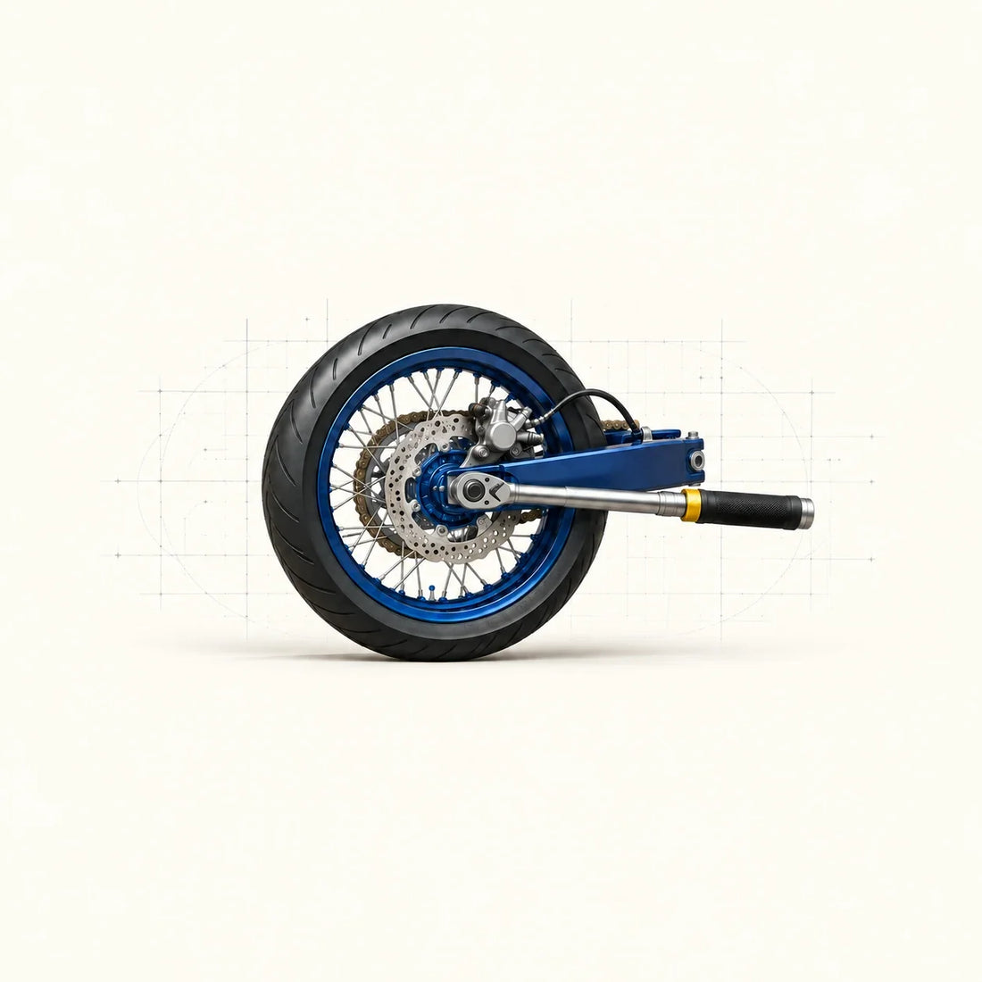 Roue arrière de moto avec disque de frein, bras oscillant et clé dynamométrique sur l’axe