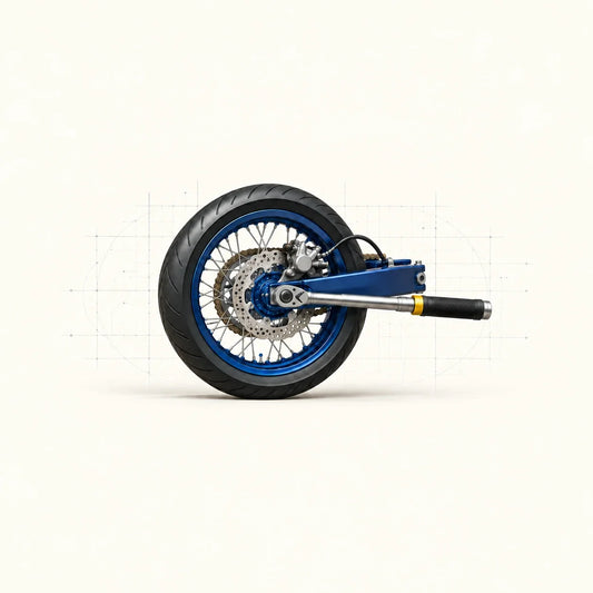 Roue arrière de moto avec disque de frein, bras oscillant et clé dynamométrique sur l’axe