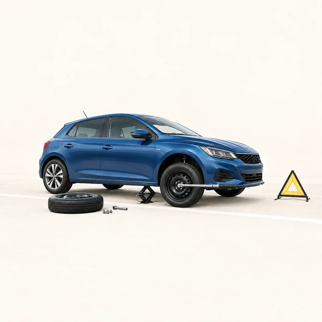 Voiture bleue sur cric avec roue de secours et clé dynamométrique engagée sur une vis de roue