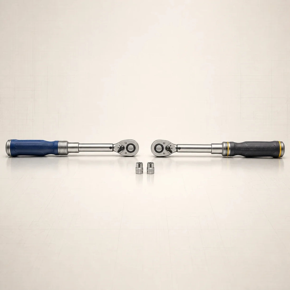 Deux clés dynamométriques professionnelles opposées sur un établi clair, avec poignées bleu acier et graphite.