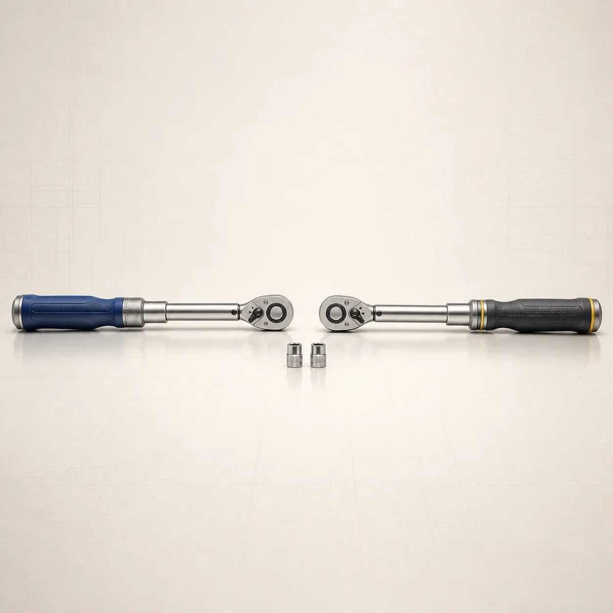 Deux clés dynamométriques professionnelles opposées sur un établi clair, avec poignées bleu acier et graphite.
