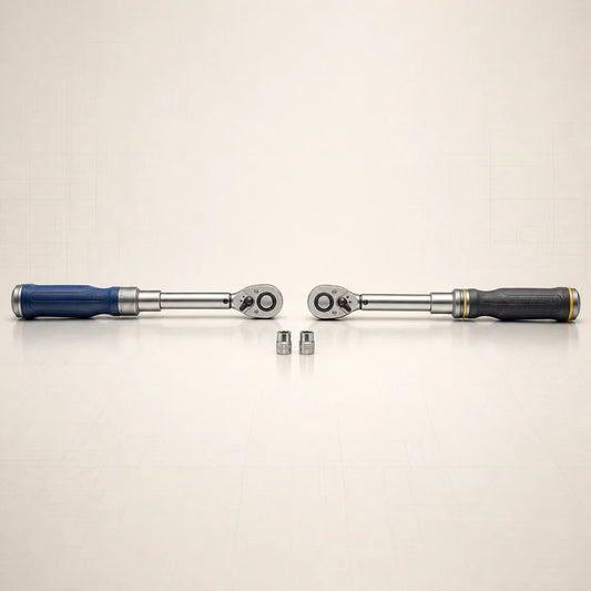 Deux clés dynamométriques professionnelles opposées sur un établi clair, avec poignées bleu acier et graphite.