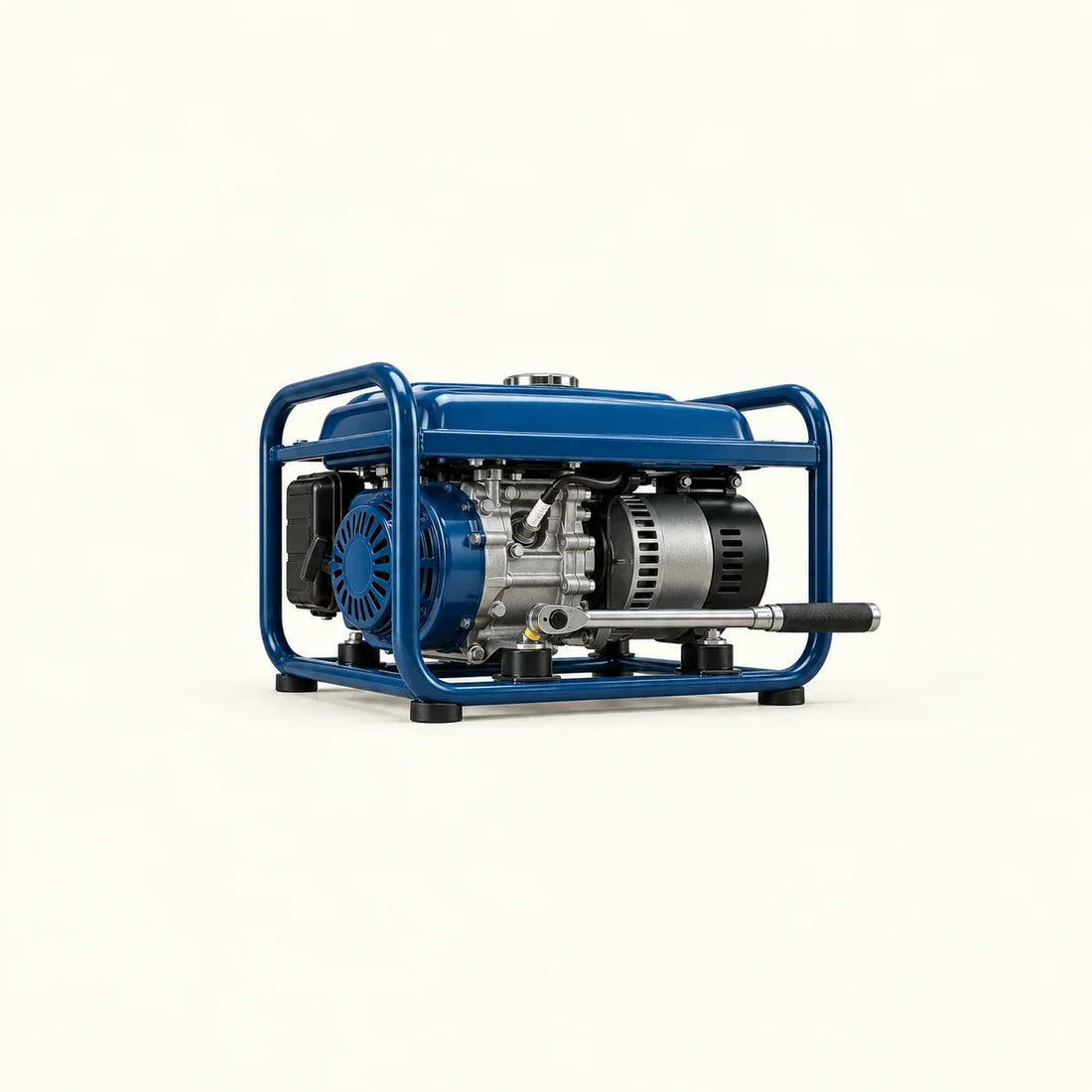 Groupe électrogène bleu sur châssis tubulaire avec clé dynamométrique engagée sur un support moteur