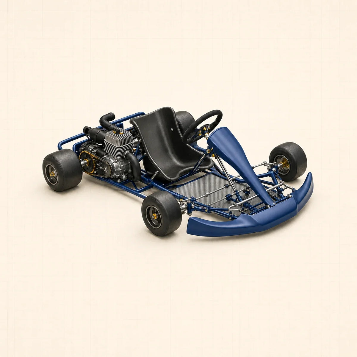 Kart de course bleu vu de trois quarts, avec moteur latéral, essieu arrière, roues et tringlerie de direction visibles