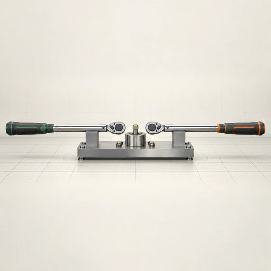 Deux clés dynamométriques d’entrée de gamme à poignées verte et orange sur un banc d’étalonnage