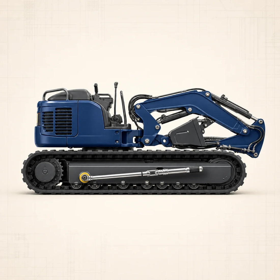 Mini-pelle bleu acier vue de profil avec clé dynamométrique sur une fixation du train de roulement
