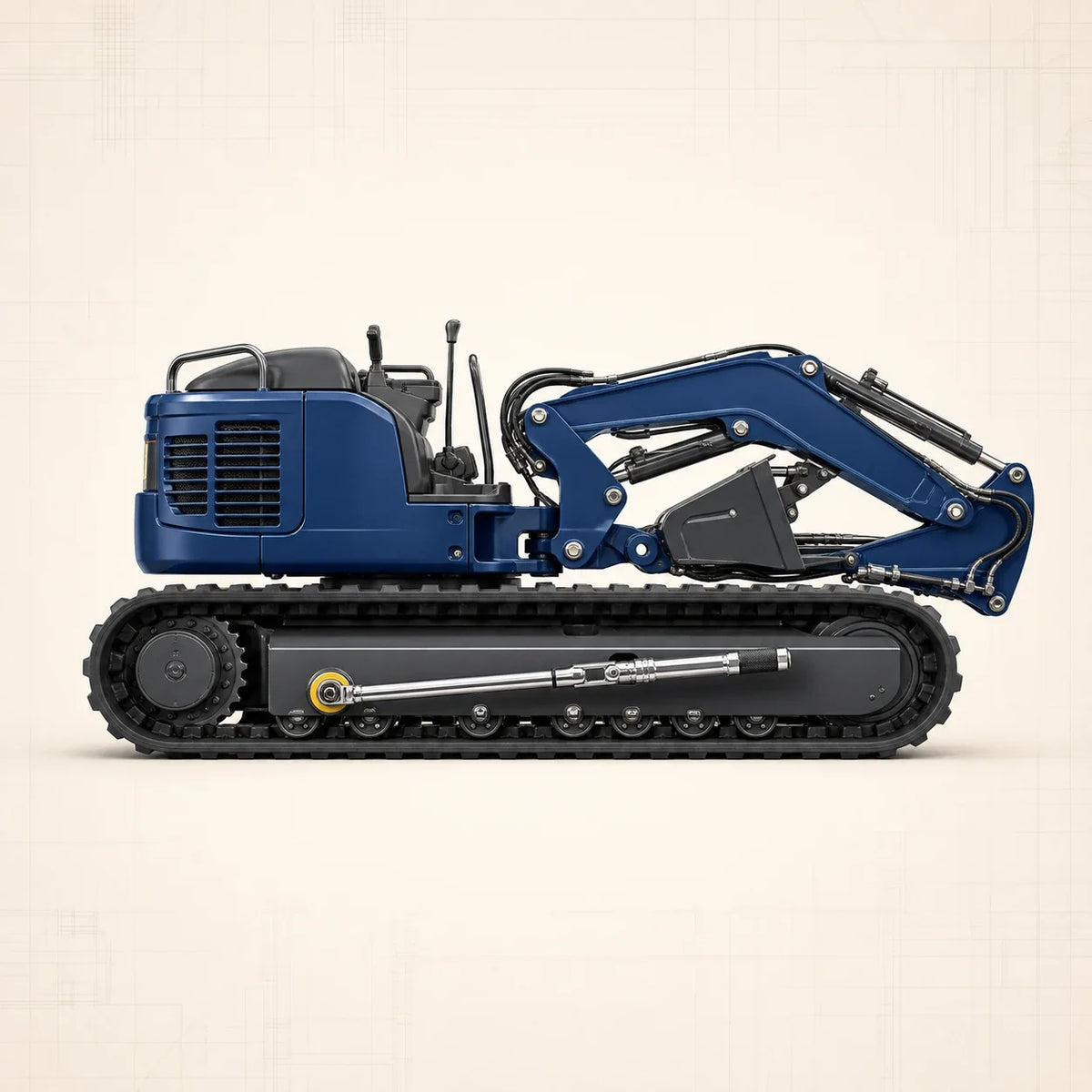 Mini-pelle bleu acier vue de profil avec clé dynamométrique sur une fixation du train de roulement