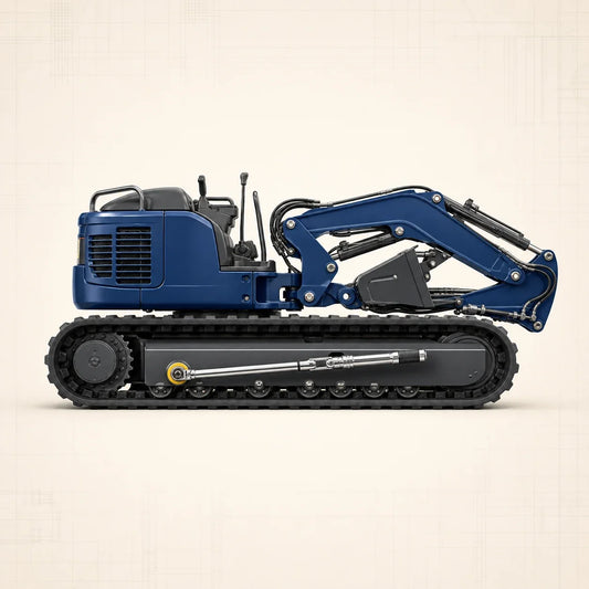 Mini-pelle bleu acier vue de profil avec clé dynamométrique sur une fixation du train de roulement
