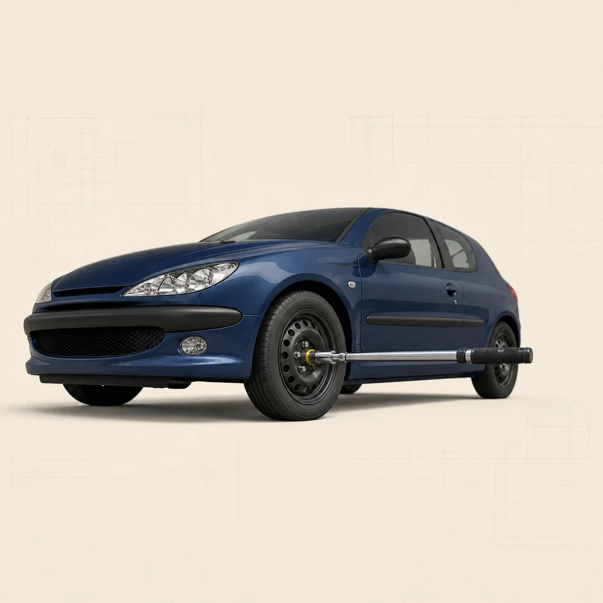 Peugeot 206 bleue avec douille six pans et clé dynamométrique engagées sur une vis de roue avant