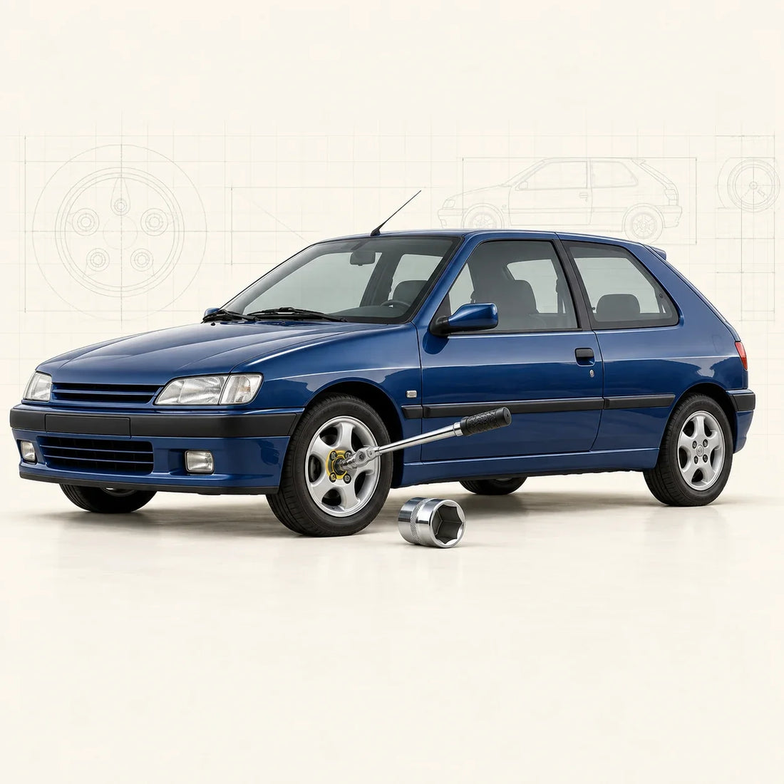Peugeot 306 bleue avec douille six pans et clé dynamométrique engagées sur une vis de roue avant