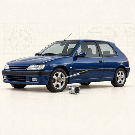 Peugeot 306 bleue avec douille six pans et clé dynamométrique engagées sur une vis de roue avant