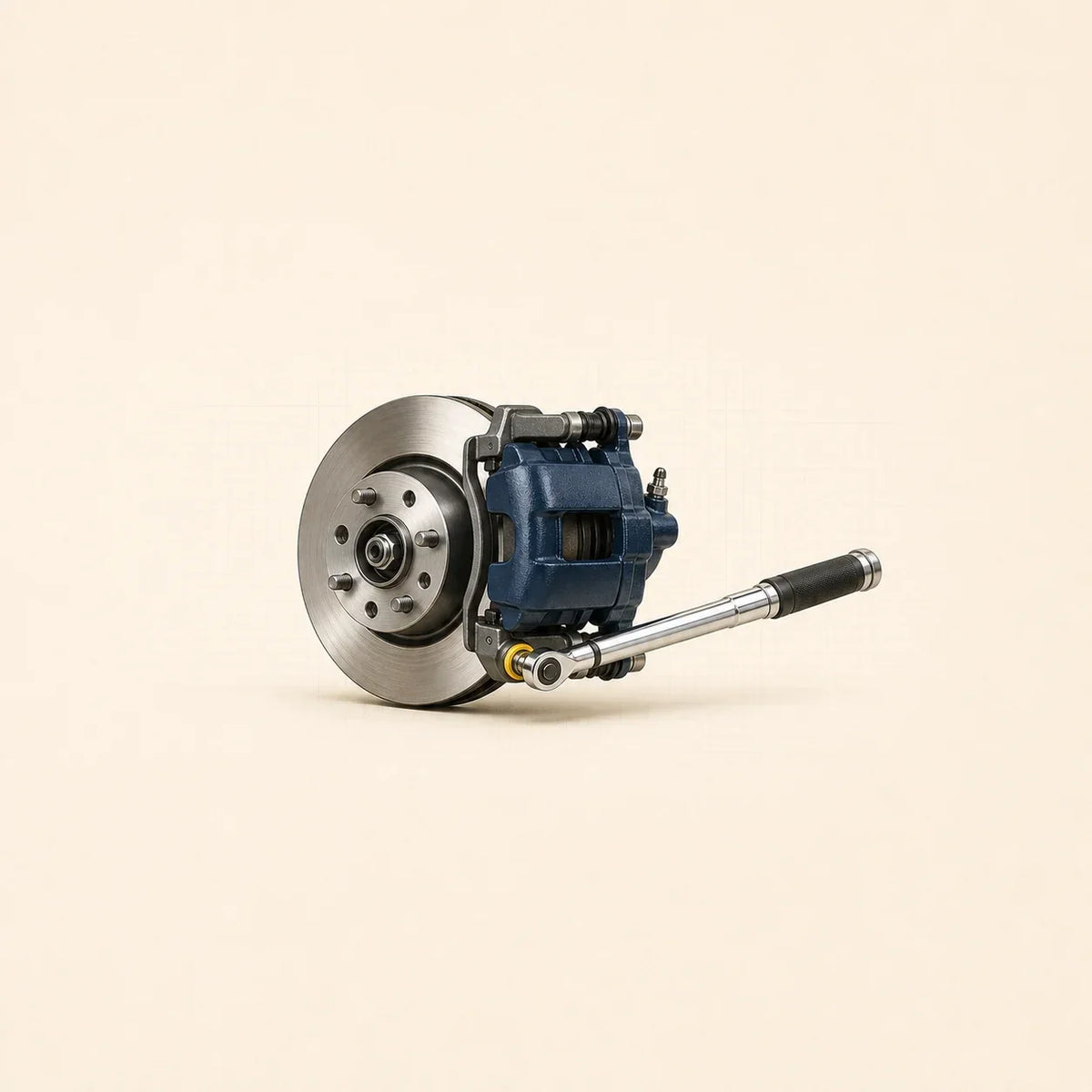 Disque et étrier de frein automobile bleu avec clé dynamométrique sur une fixation du support d’étrier