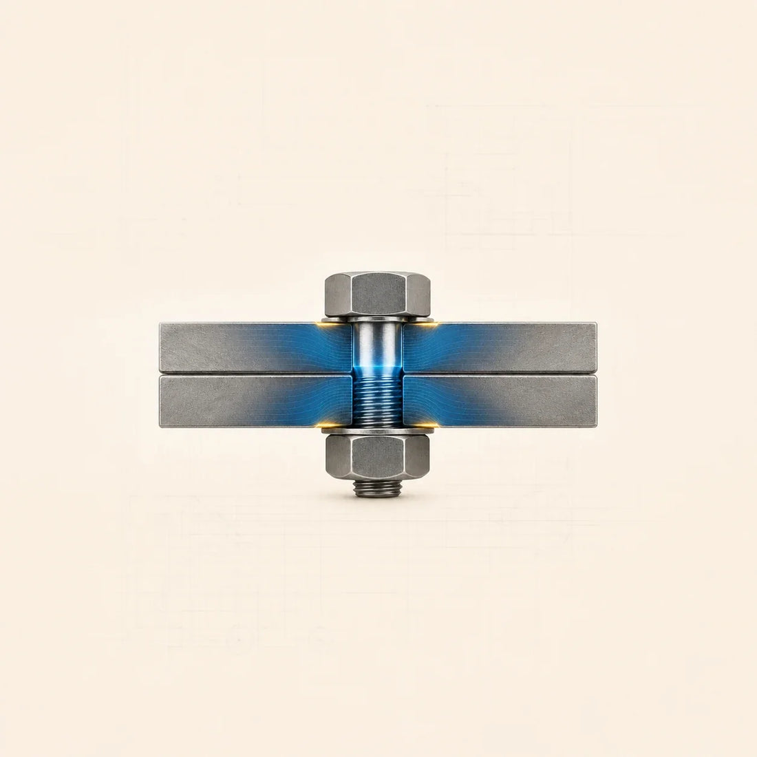 Assemblage boulonné serrant deux plaques avec zones de tension et de compression visualisées en bleu et jaune.