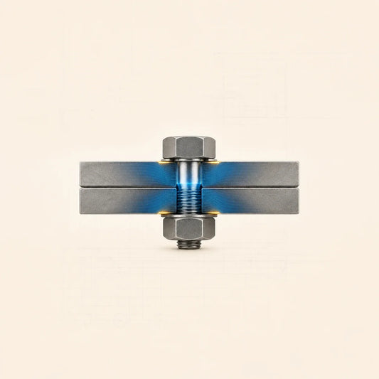 Assemblage boulonné serrant deux plaques avec zones de tension et de compression visualisées en bleu et jaune