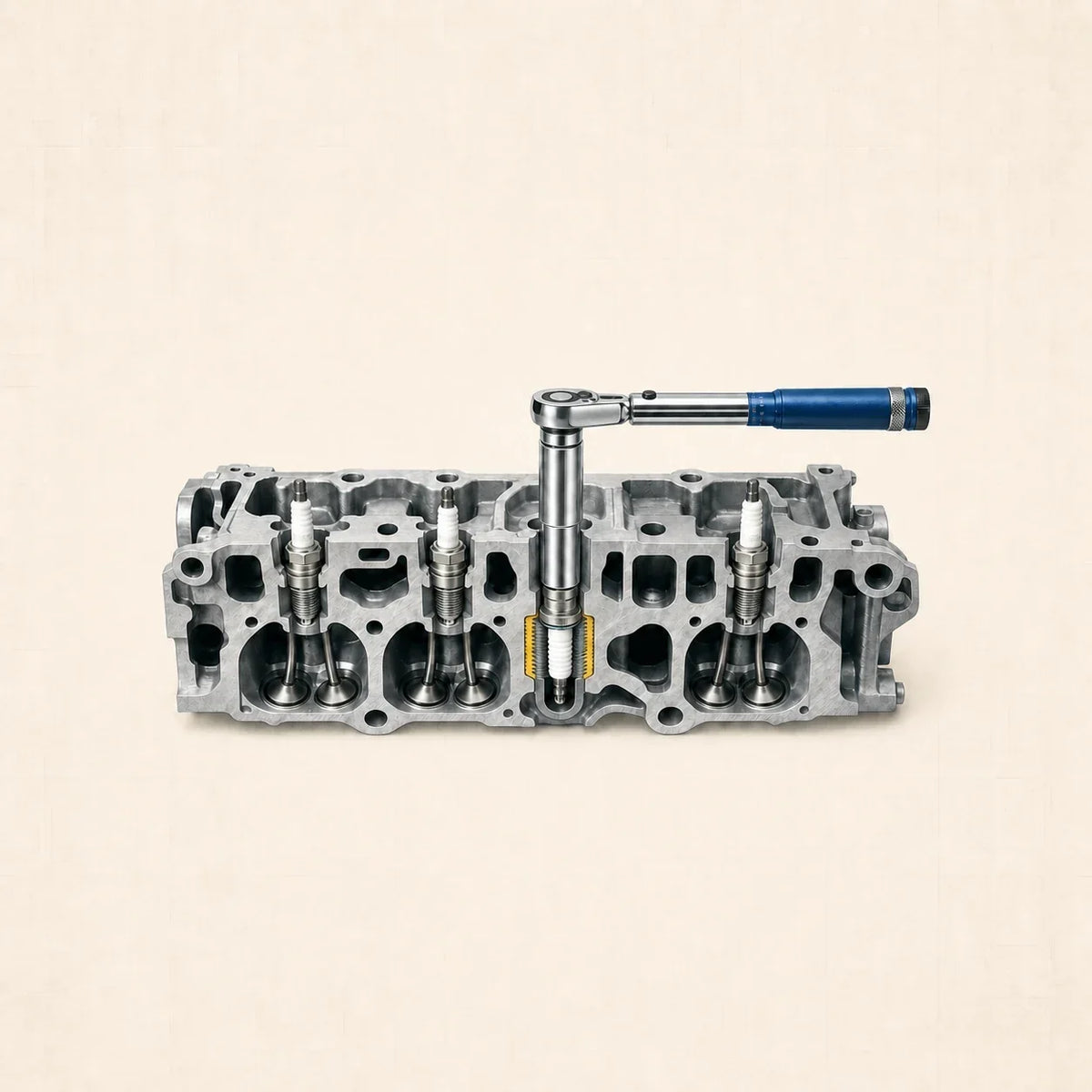 Culasse en aluminium avec bougies d’allumage et clé dynamométrique engagée sur une douille longue