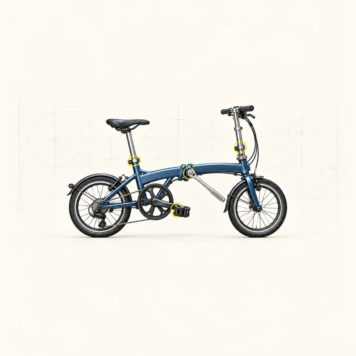 Vélo pliant bleu avec une clé dynamométrique sur la charnière centrale