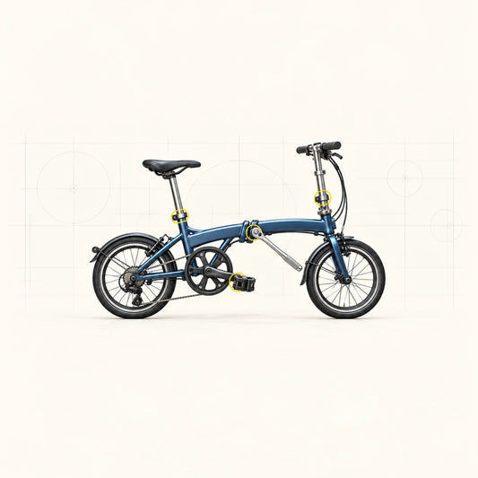 Vélo pliant bleu avec une clé dynamométrique sur la charnière centrale