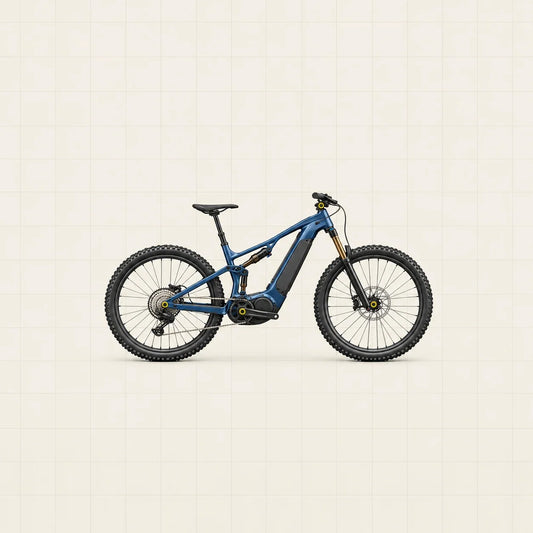 VTT électrique bleu à suspension intégrale avec moteur central et points de serrage mis en évidence