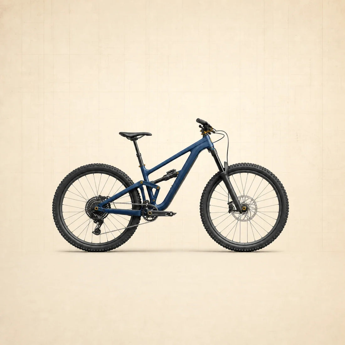 VTT enduro tout-suspendu bleu, vu de profil, avec plusieurs points de fixation accentués en jaune