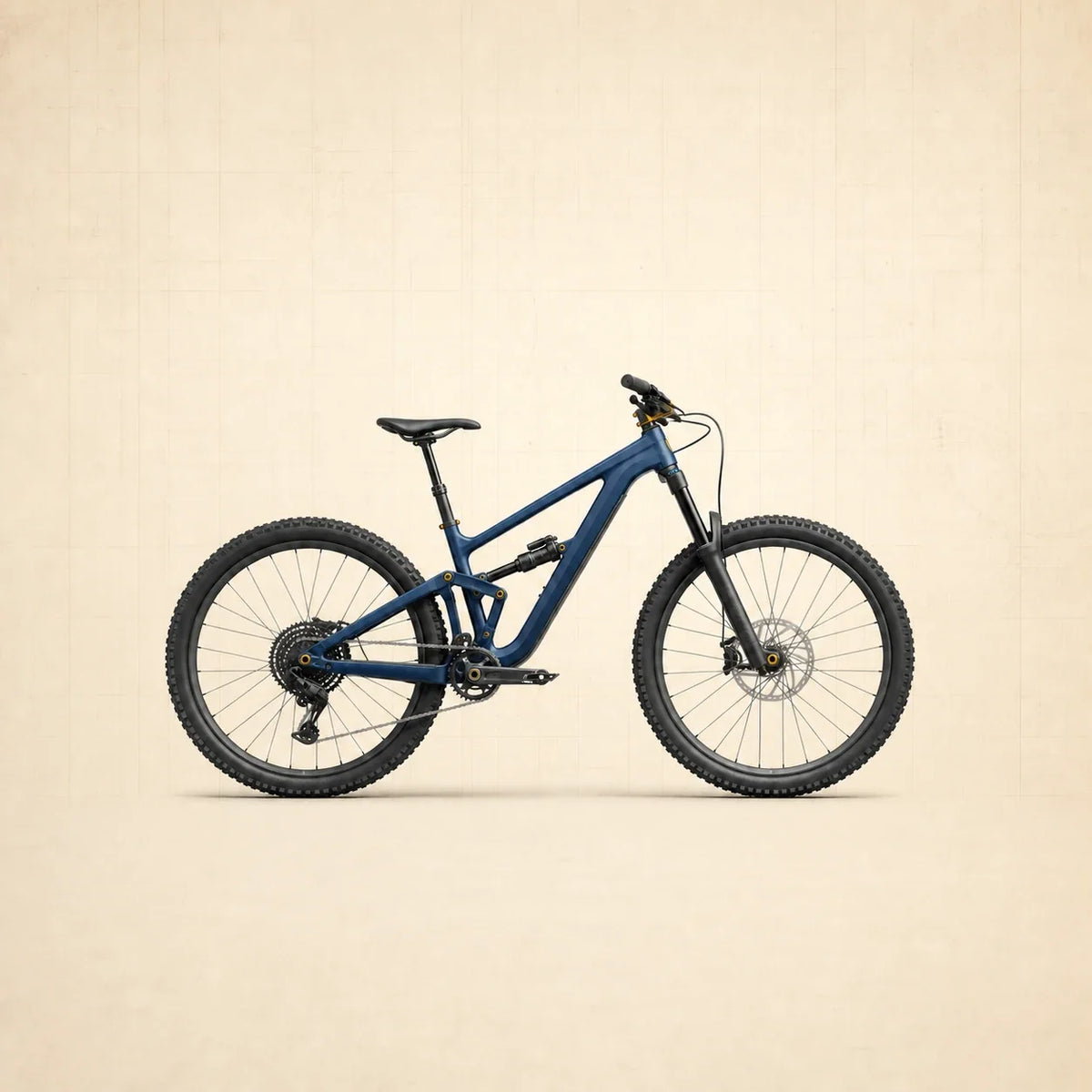 VTT enduro tout-suspendu bleu, vu de profil, avec plusieurs points de fixation accentués en jaune