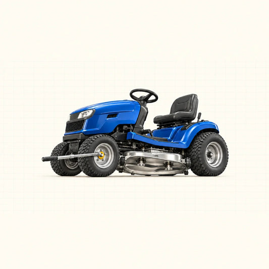 Tracteur tondeuse bleu avec roues, carter de coupe à deux lames et clé dynamométrique sur la roue avant