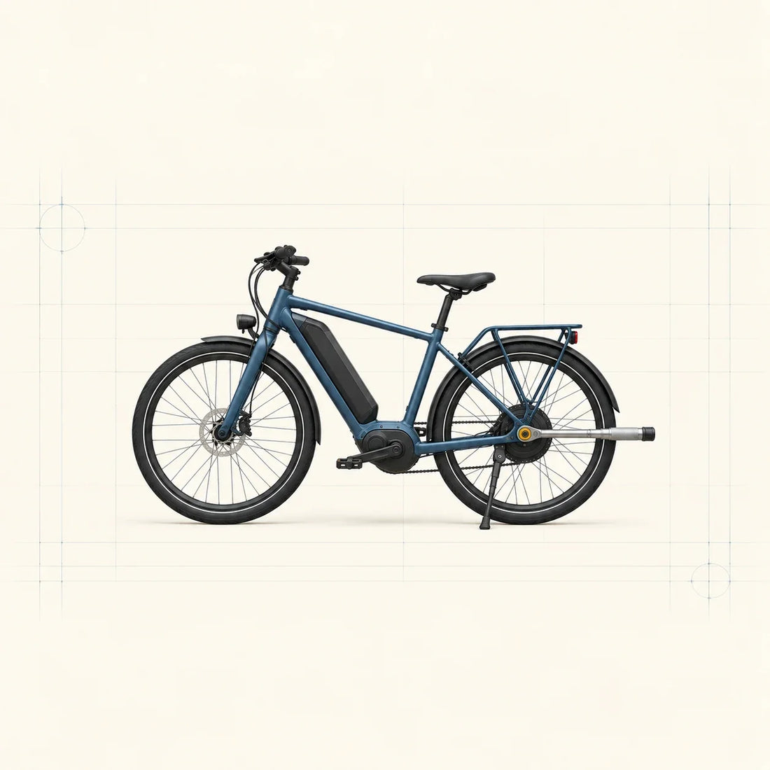 Vélo électrique de ville bleu avec porte-bagage et béquille, clé dynamométrique engagée sur l’axe de la roue arrière motrice
