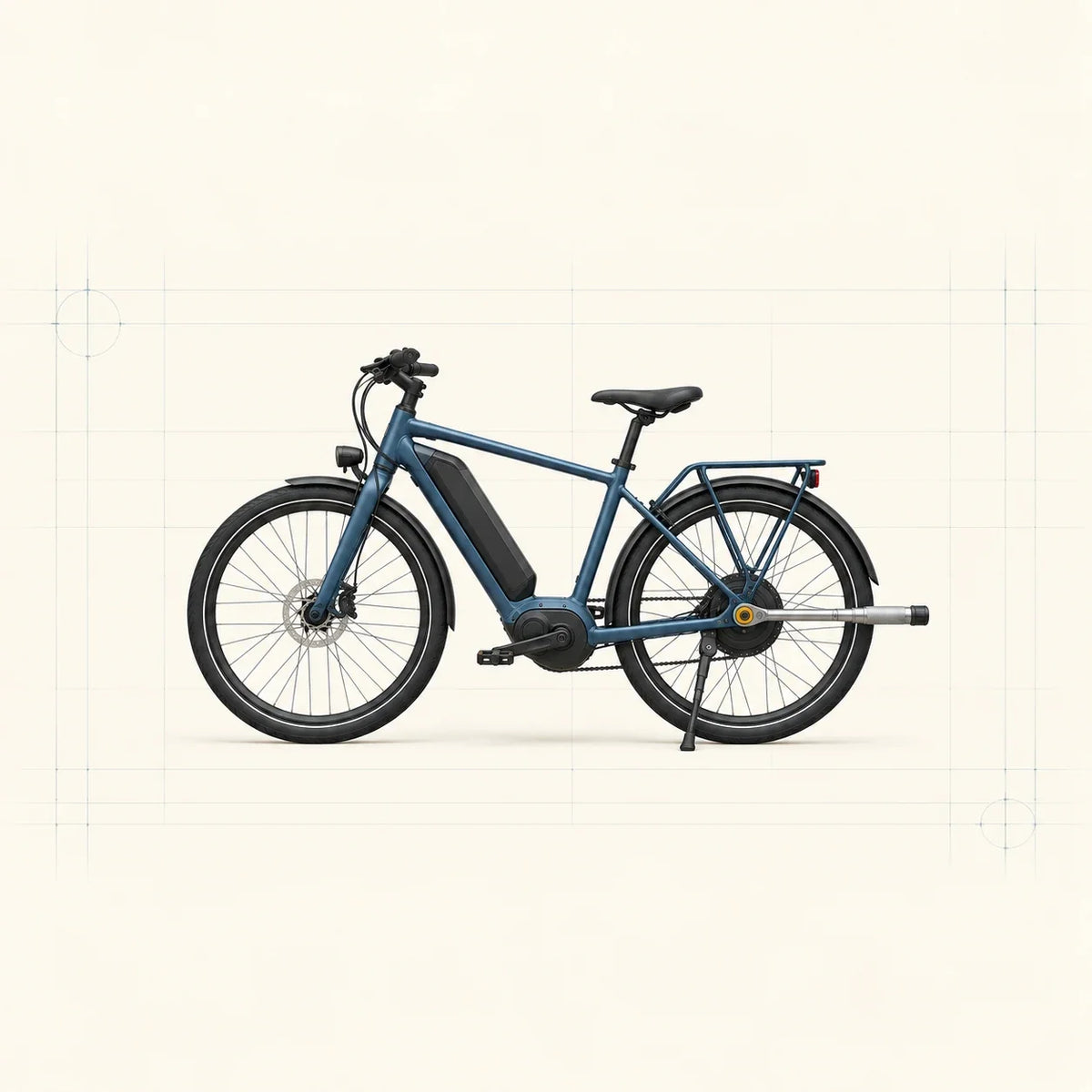 Vélo électrique de ville bleu avec porte-bagage et béquille, clé dynamométrique engagée sur l’axe de la roue arrière motrice