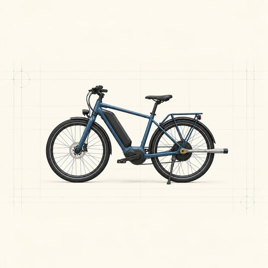 Vélo électrique de ville bleu avec porte-bagage et béquille, clé dynamométrique engagée sur l’axe de la roue arrière motrice