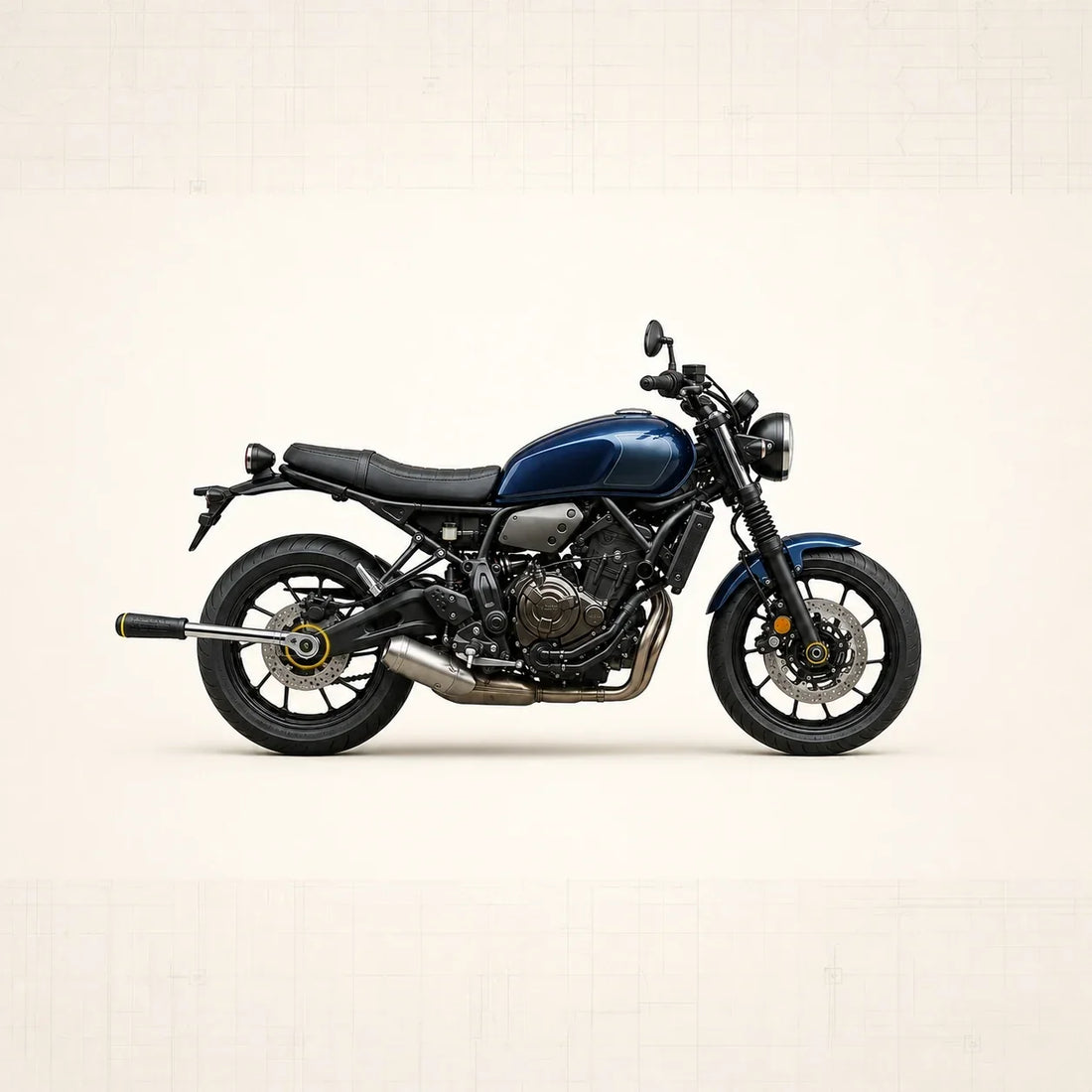 Yamaha XSR700 bleue vue de profil avec clé dynamométrique engagée sur l’écrou d’axe arrière