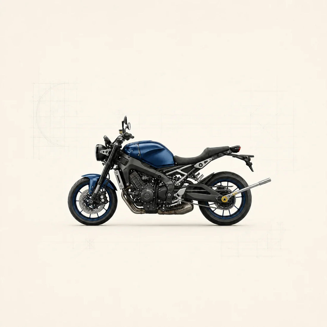 Yamaha XSR900 bleue vue de profil avec une clé dynamométrique engagée sur l’écrou d’axe de roue arrière