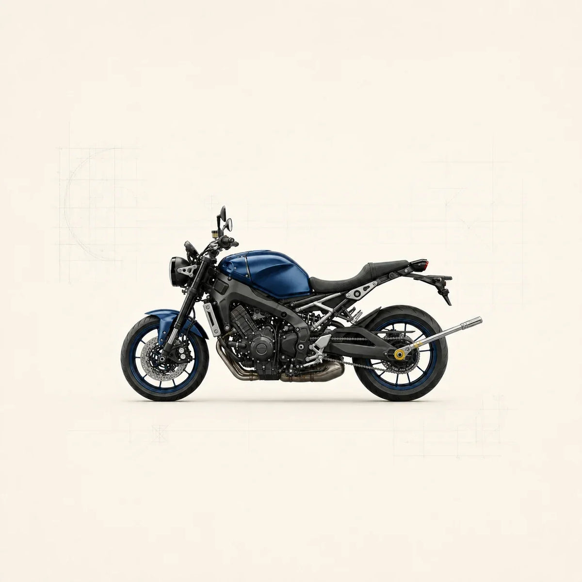 Yamaha XSR900 bleue vue de profil avec une clé dynamométrique engagée sur l’écrou d’axe de roue arrière