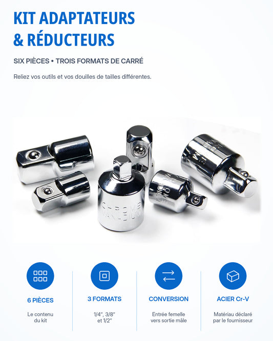 Kit adaptateurs et réducteurs 1/4", 3/8" et 1/2"