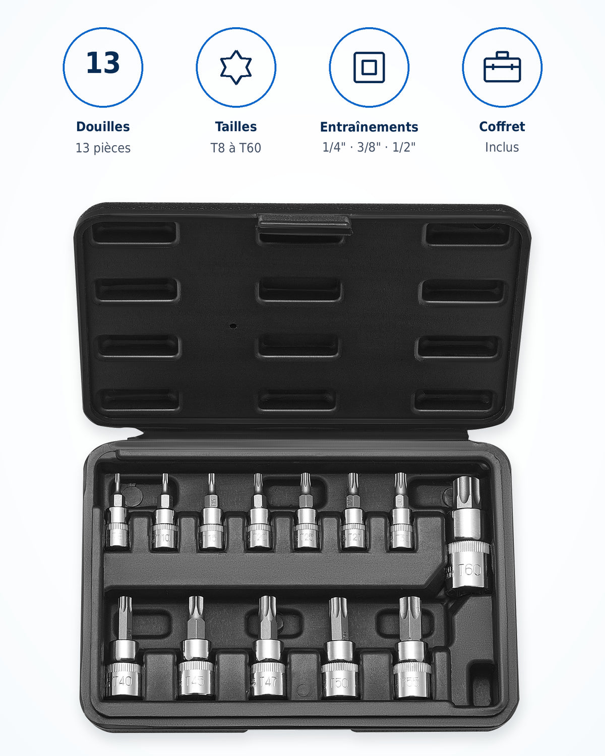 Coffret de douilles embouts Torx 1/4", 3/8" et 1/2" Acier Renforcé