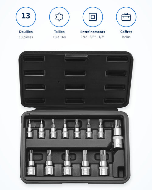 Coffret de douilles embouts Torx 1/4", 3/8" et 1/2" Acier Renforcé