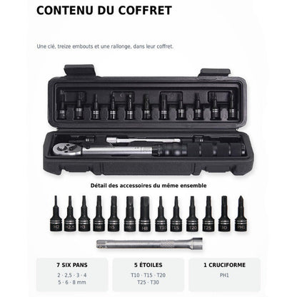 Clé dynamométrique vélo 1/4" 2–20 N·m kit carbone