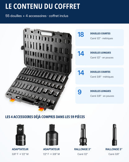 Coffret de douilles 1/2" et 3/8" Pro Acier Résistant