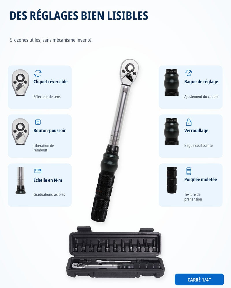 Clé dynamométrique vélo 1/4" 2–20 N·m kit carbone