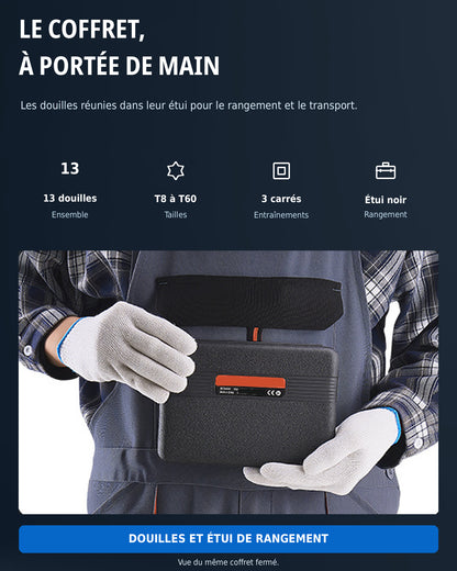 Coffret de douilles embouts Torx 1/4", 3/8" et 1/2" Acier Renforcé