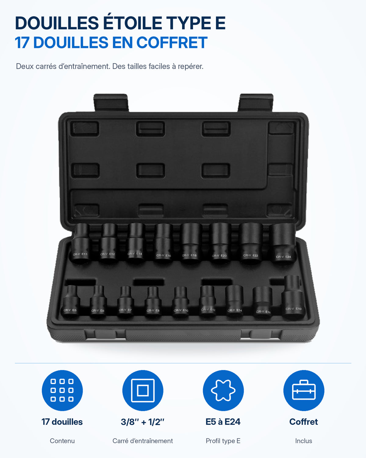Coffret de douilles Torx 1/2" et 3/8" Acier Haute Résistance