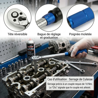 Clé Dynamométrique 3/8" Protection Filetages Aluminium — serrage de culasse (10 Nm)