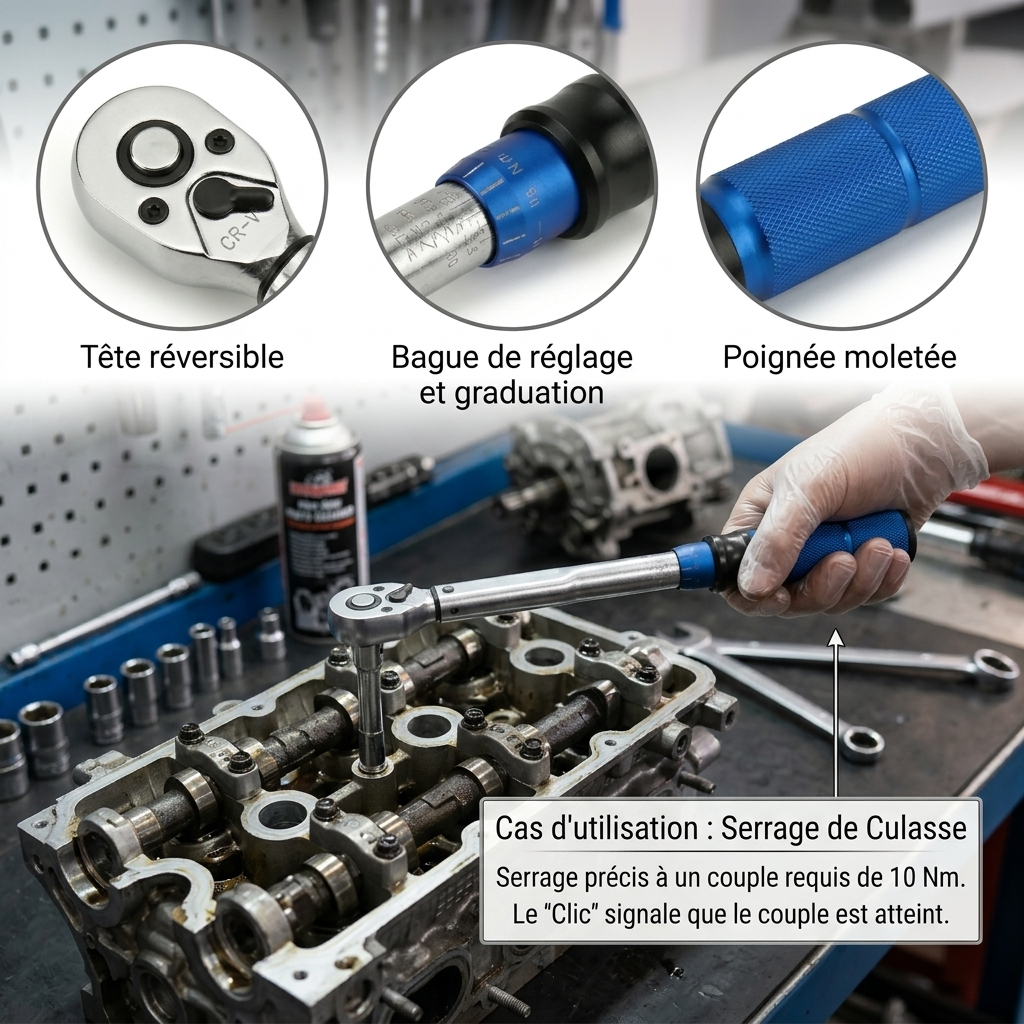 Clé dynamométrique 3/8" Mécanique Polyvalente — serrage de culasse (10 Nm)