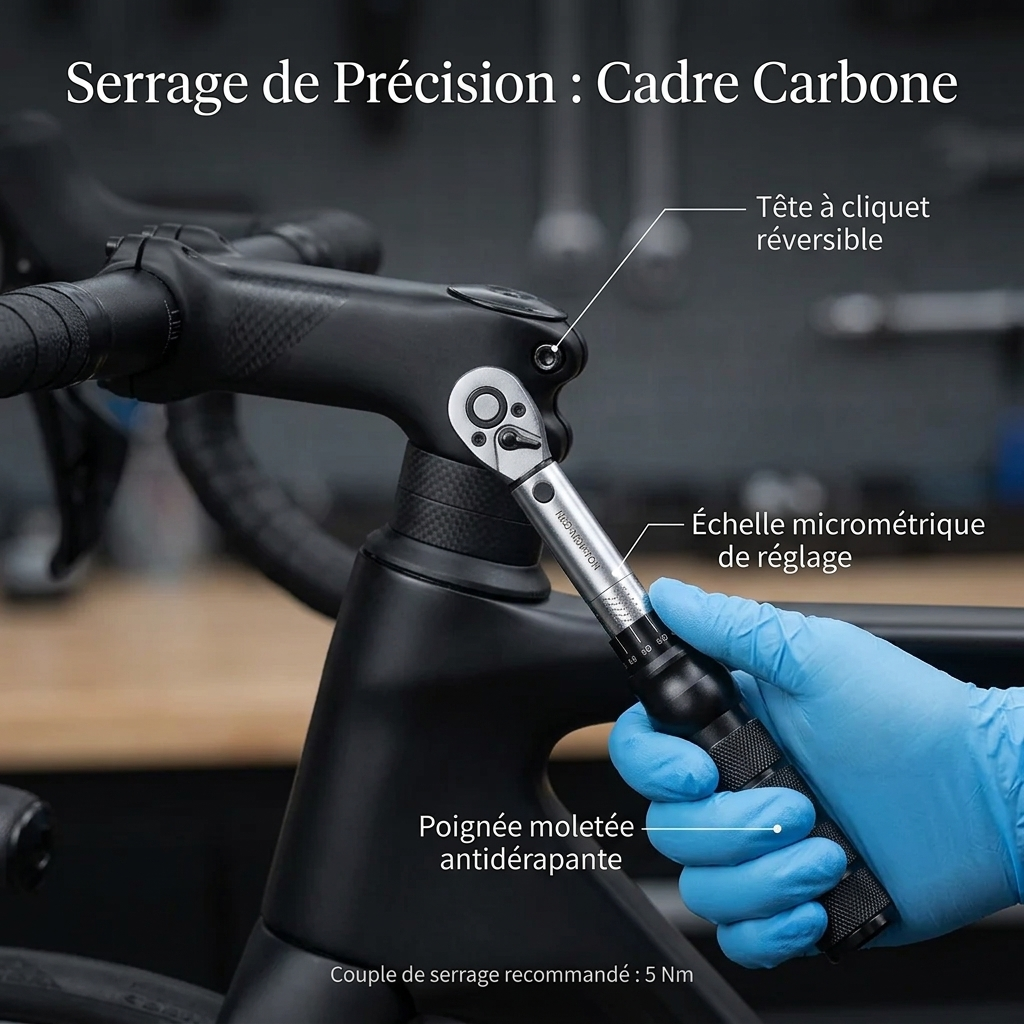 Clé Dynamométrique 1/4" Sécurité Vélo Carbone & Alu — serrage de potence vélo (5 Nm)