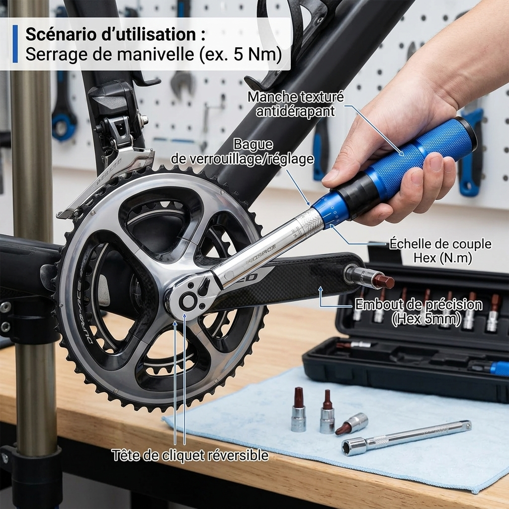 Clé Dynamométrique 1/4" Précision Vélo & Petite Visserie — serrage de pédalier (5 Nm)